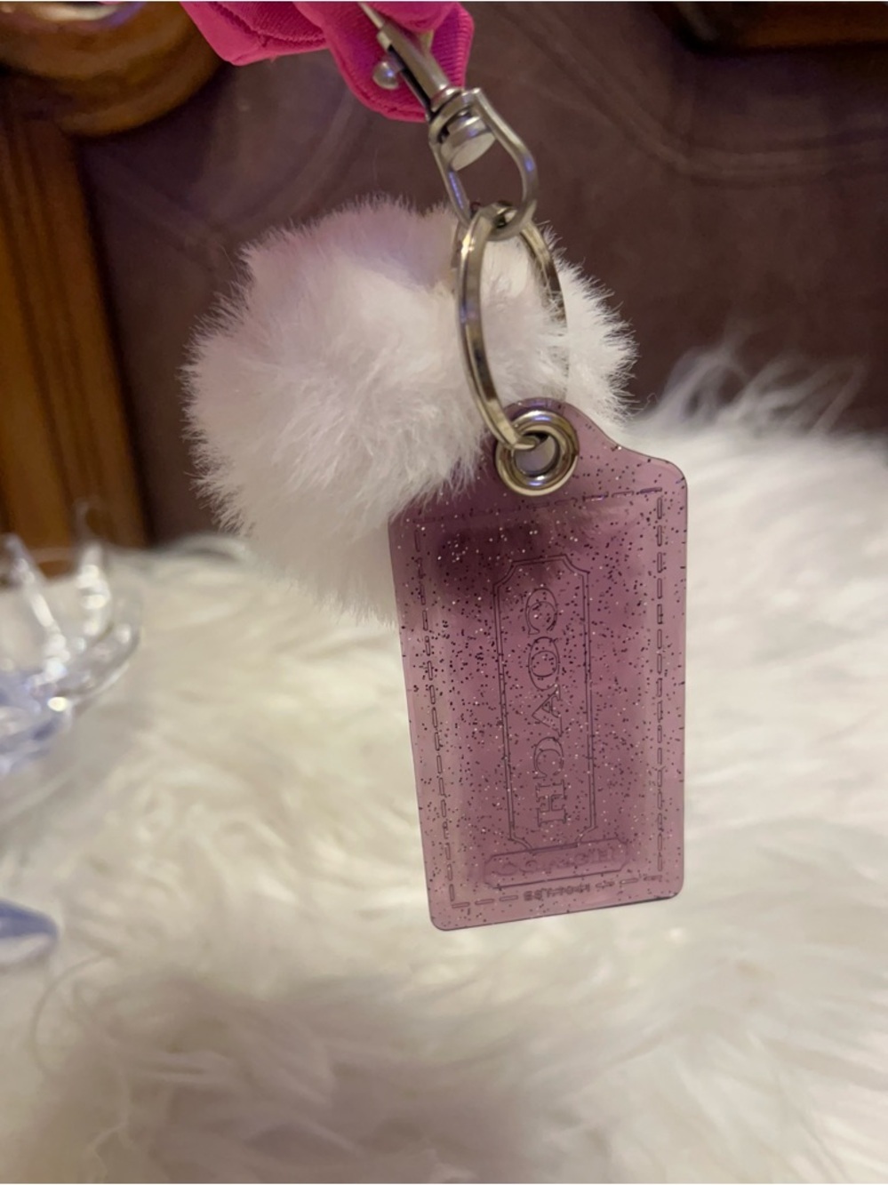 Coach Pink Glitter Acrylic hand tag with unbranded white Poom  poom